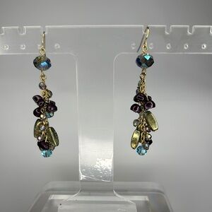 Purple and Gold Dangle Earrings with Cascading Beads